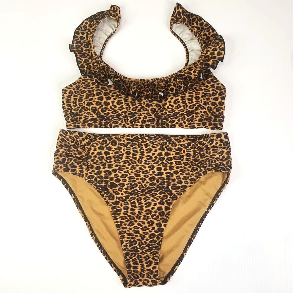 Cabana Del Sol Bikini Large Leopard Animal Print Ruffle High Waist Set 2 Piece